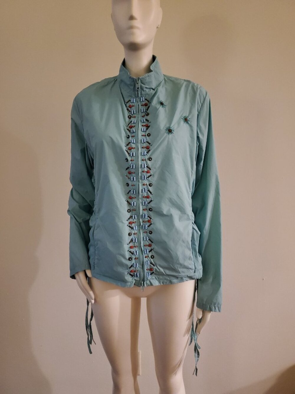 Coldwater Creek Womens M Beaded Embroidered Jacket Lightweight Seafoam Blue Gree